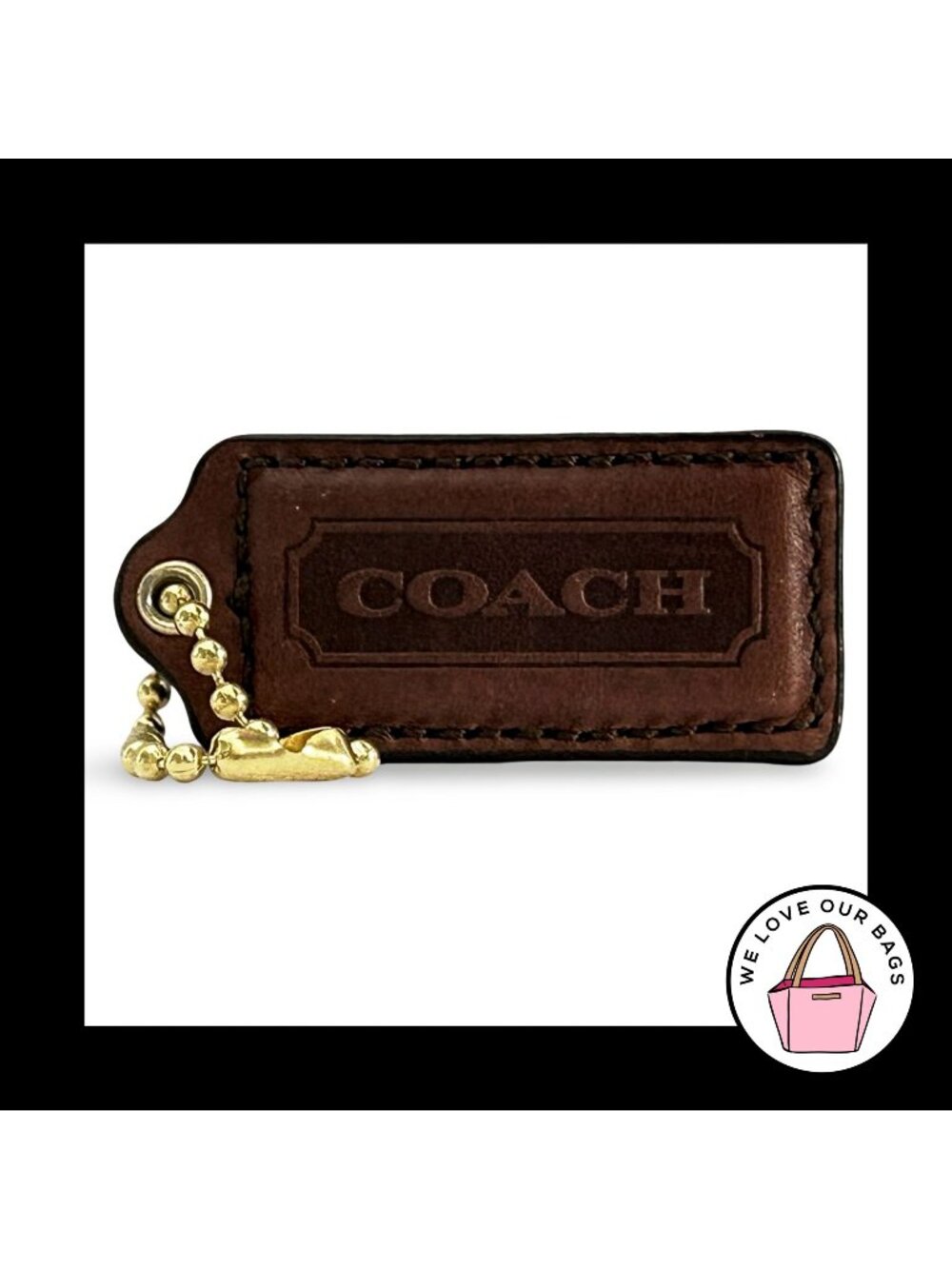 COACH HANG TAG 2.25" Brown Smooth Leather Bag Charm Keychain Fob Brass Large